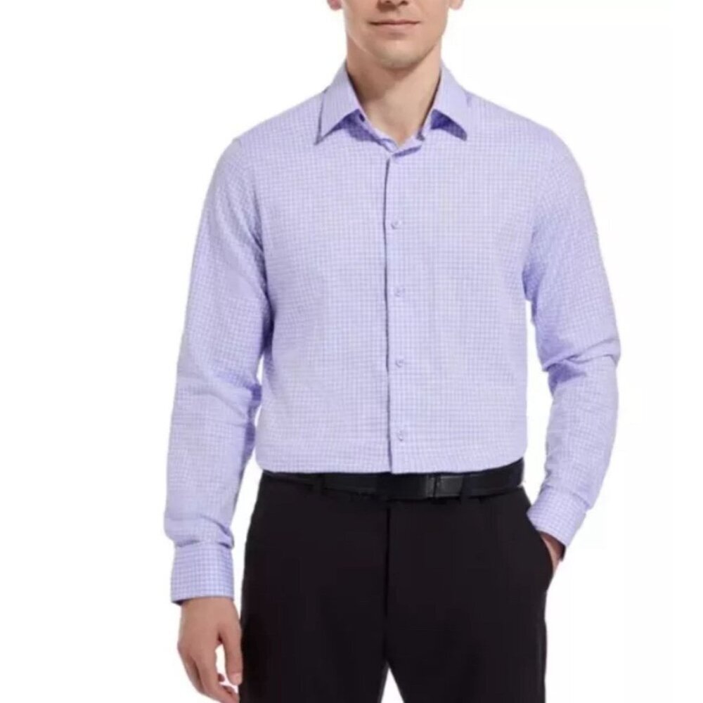 Duchamp Men's Lilac Tailored Fit Gingham Long Sleeve Dress‎ Shirt Size 17 1/2 XL